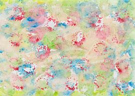 Abstracte aquarel met kleurvlekken in groen, blauw, roze, oker, geel van Heike Rau