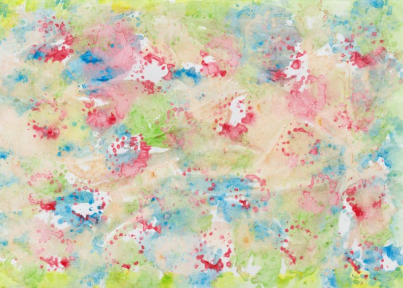 Aquarelle abstraite avec des taches de couleur en vert, bleu, rose, ocre, jaune par Heike Rau