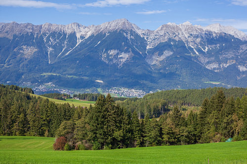 The Inn Valley, alpine pastures, woodland and the Karwendel Mountains 