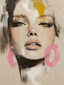 Modern abstract portret met roze en geel accent van Carla Van Iersel