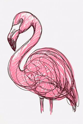 Lijntekening flamingo met roze tint