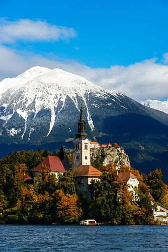 Bled See mit Schnee auf den Bergen im Herbst