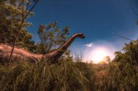 Dinosaur in tall grass at sunrise - or sunset