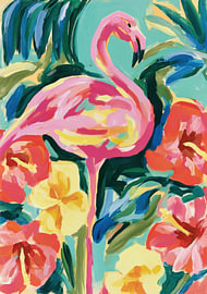 Pinker Flamingo umgeben von bunten Hibiskusblüten und Palmen