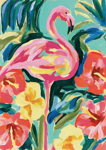A pink flamingo surrounded by colourful hibiscus blossoms and palm trees