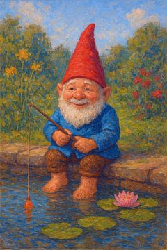 Garden gnome fishing in a pond painting. by Gallery Hoppenbrouwers