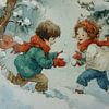 Schneespaß im Wald - Vintage Illustration von Kindern in Winterlandschaft von Peter Pen Zeichnungen und Gemälde
