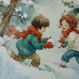 S'amuser dans les bois - Illustration vintage d'enfants dans un paysage hivernal sur Dessins et peintures de Peter Pen