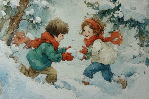 Snow Fun in the Woods - Vintage Illustration of Children in Winter Landscape
