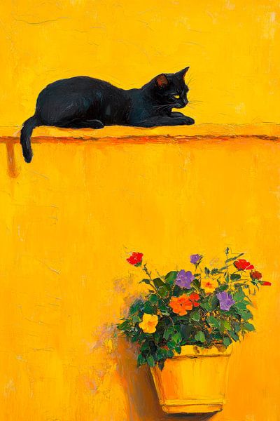 Chat noir sur fond jaune par Poster Art Shop