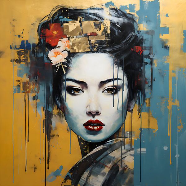 Geisha, modern abstract in goud en blauw van Lauri Creates