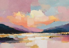 Abstrakte Berglandschaft in Pastell und Gold