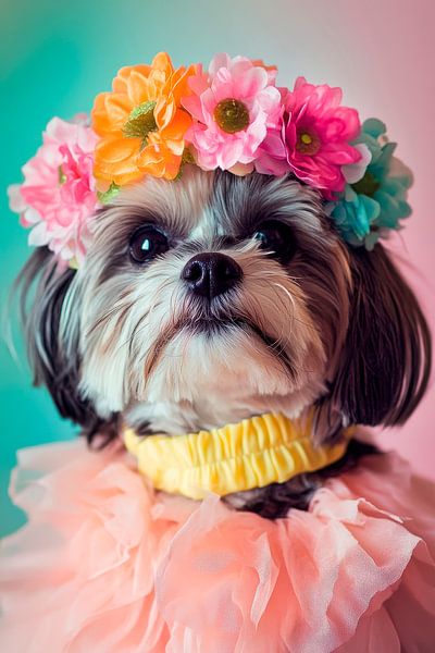 Hübscher Hund im Blumenkranz – Verspielt von Poster Art Shop