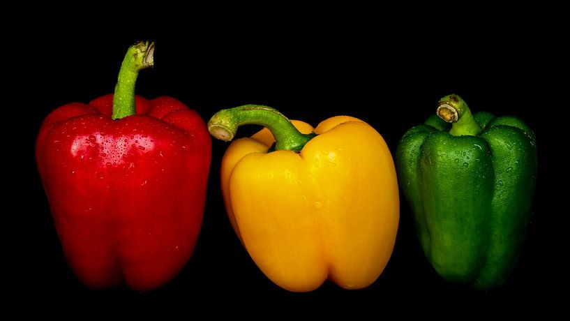 Macro verse paprika's met waterdruppels in kleuren rood geel groen tegen zwarte achtergrond van Dieter Walther