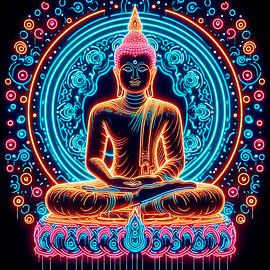 Buddha in pink and blue neon colours by Ineke de Rijk