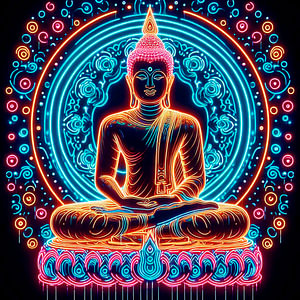 Buddha in rosa und blauen Neonfarben