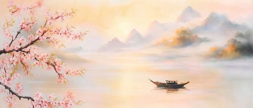 Tranquil landscape with boat and flowers