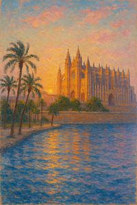 Palma Cathedral Sunset Seascape – Mallorca Gothic Landmark Impressionist Art