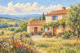 Sonnige toskanische Landschaft mit Landhaus und Feldblumen im impressionistischen Stil von STUDIO ARTSY