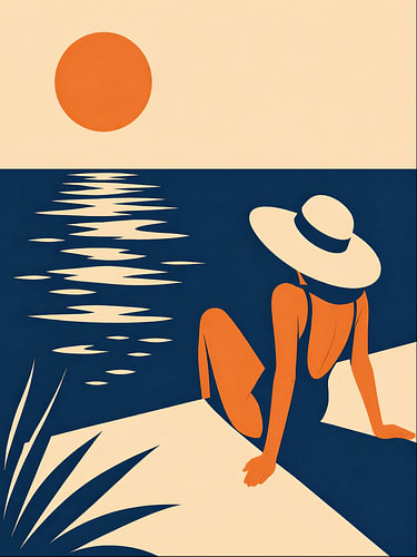 Minimalistische Strand Illustration mit Frau am Pool und Sonnenuntergang