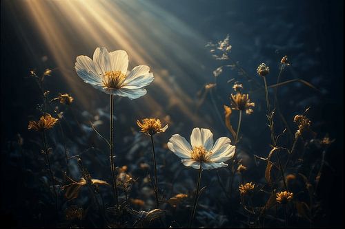 Donker stemmig bloemenstilleven – Dramatische chiaroscuro botanische kunstfotografie