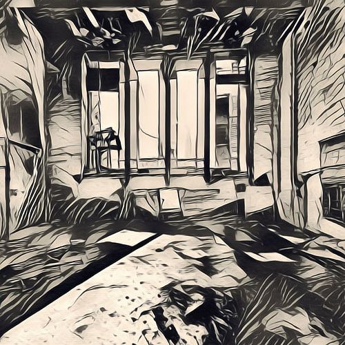 Ink art - fabriekshal verlaten in beige zwart 1 van 2