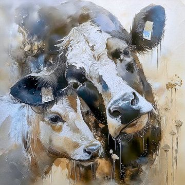 Kuh mit Kalb (schwarz/weiß)