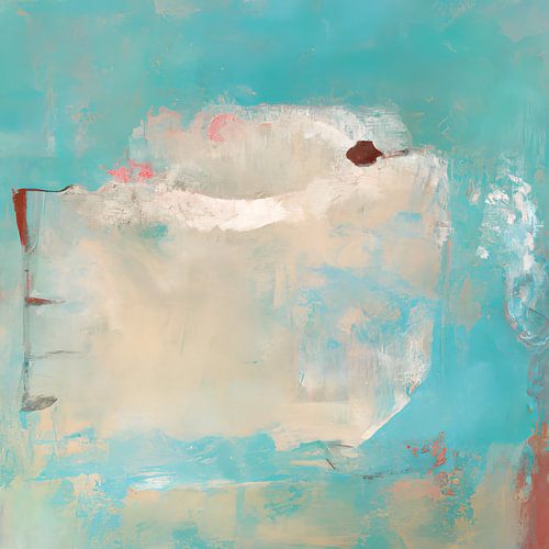 Abstract painting in mainly white and light blue
