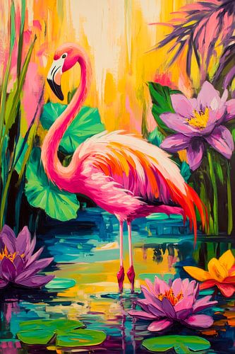 Kleurrijke flamingo in een vijver met lelies
