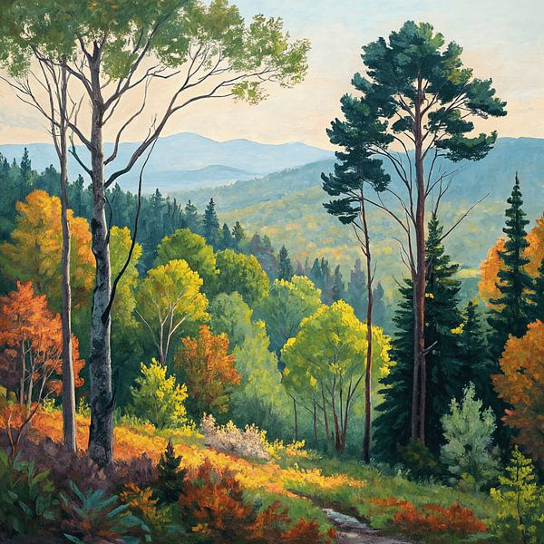 Coucher de soleil doré sur un sentier sinueux à travers une forêt d'automne vibrante par Artistic