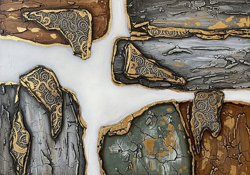 Abstracte structuurschildering met gefragmenteerde vormen en gouden contouren