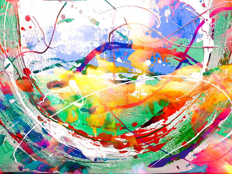 Moderne, abstrakte digitale Kunstwerke in Grün, Orange, Rot, Blau, Weiß von Art By Dominic
