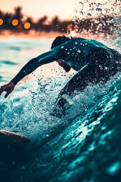 Surfers in the evening sun by the sea by Poster Art Shop