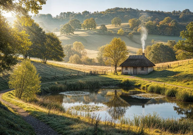 Häuschen am Teich, sanfte Hügel und Morgensonne von Markus Gann