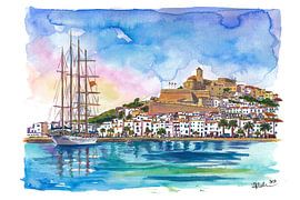 Painting of the harbour in Ibiza’s old town – a wall mural in a Mediterranean coastal style featuring a beach, palm trees and a sea view