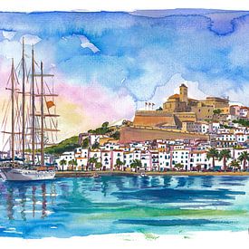 Gemälde des Hafens der Altstadt von Ibiza – Wandbild im mediterranen Küstenstil mit Strand, Palmen und Meerblick von Markus Bleichner