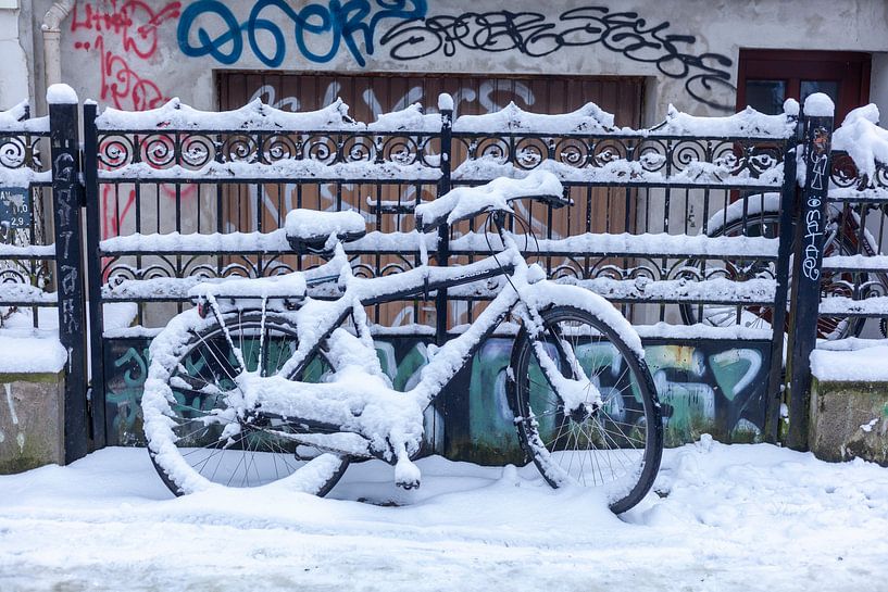 Besneeuwde geparkeerde fiets bij een tuinhek, Bremen, Duitsland, Europa van Torsten Krüger