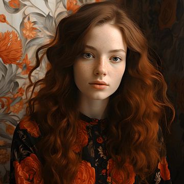 Daydreamer: Portret van een jonge, dromerige vrouw met bloemmotieven van Felix Wiesner