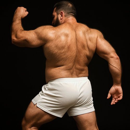 Gespierde man in witte short, achteraanzicht