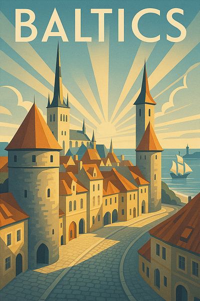Affiche Art Déco des Pays Baltes - Vieille ville de Tallinn &amp;amp ; Mer Baltique par Travel Shop