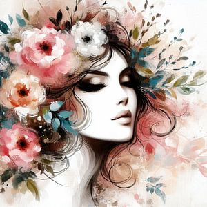 Portrait de femme avec des fleurs colorées dans les cheveux