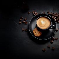 Espresso coffee with a biscuit and coffee beans