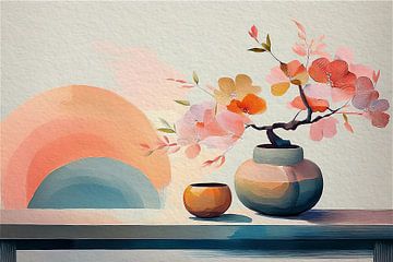 Vaas met bloemen, Aquarel schilderij in Japandi stijl van Studio Pieternel