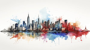 New York City Panorama-Aquarell auf weißem Hintergrund, Farb Kunst Design