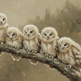 Stillleben Fünf junge Eulen auf einem Ast von By Marjolein Design