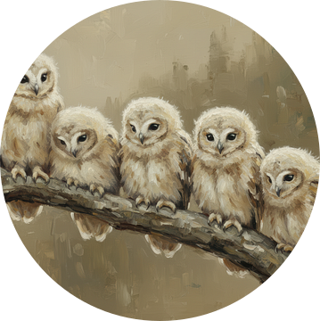 Stilleven Vijf Jonge Uilen op Tak