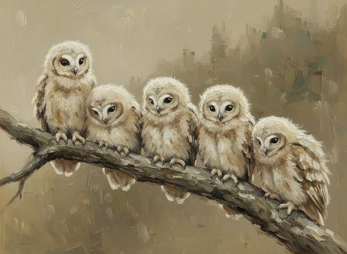 Still life Five Young Owls on Branch
