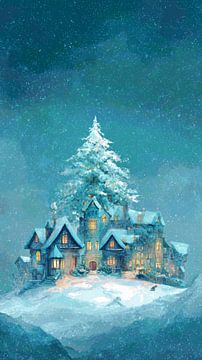 Winterhaus mit Weihnachtsbaum auf Schneehügel Dreamy Scene