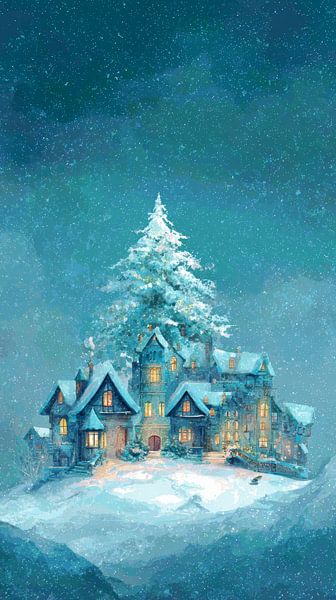 Winterhaus mit Weihnachtsbaum auf Schneehügel Dreamy Scene von Eva Lee