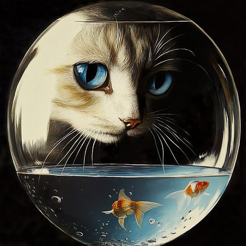 Blauwogige kat en een kom goudvisjes